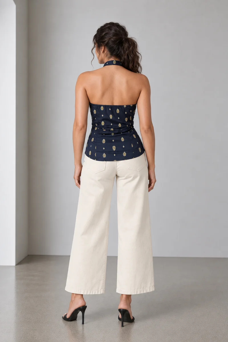 Alda|Viscose Slub Halter Tie Front Top