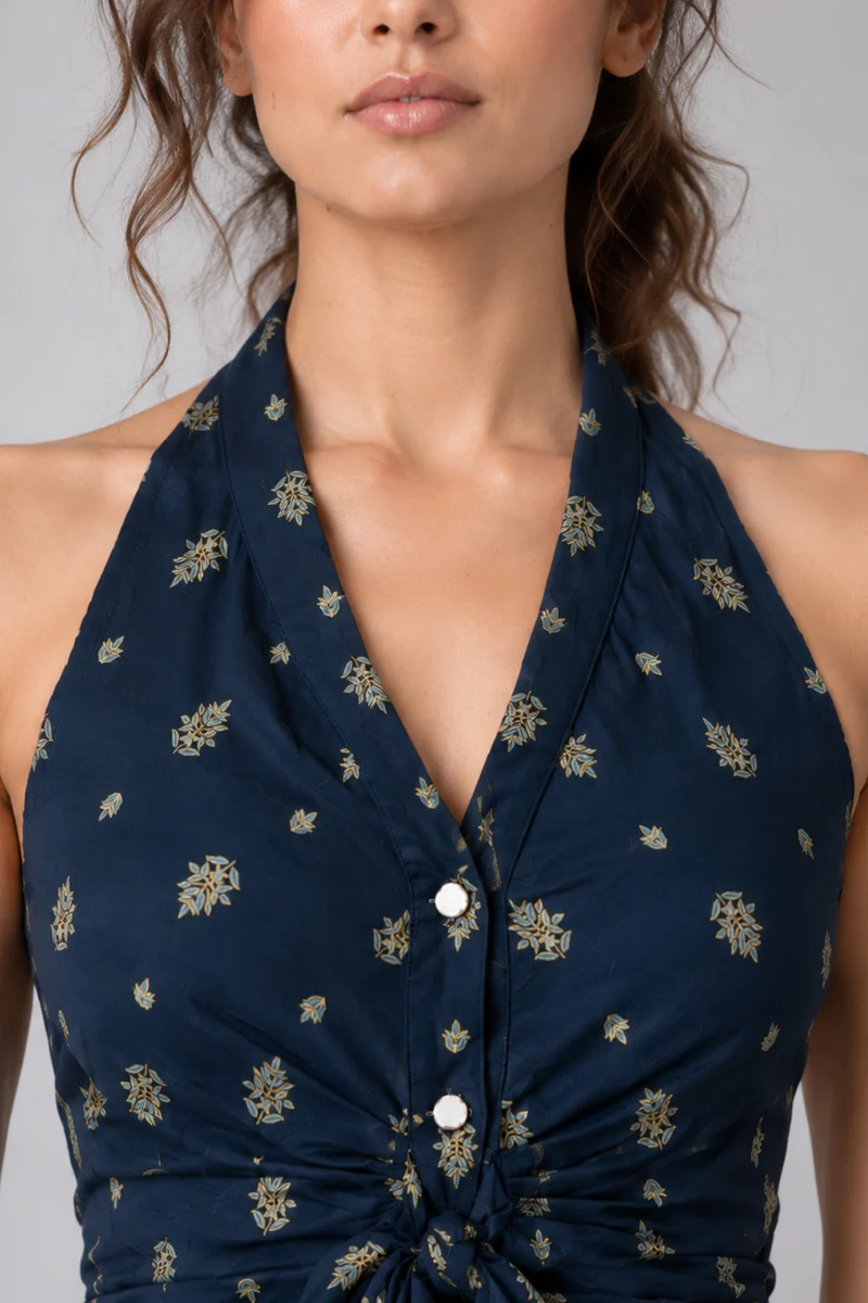 Alda|Viscose Slub Halter Tie Front Top