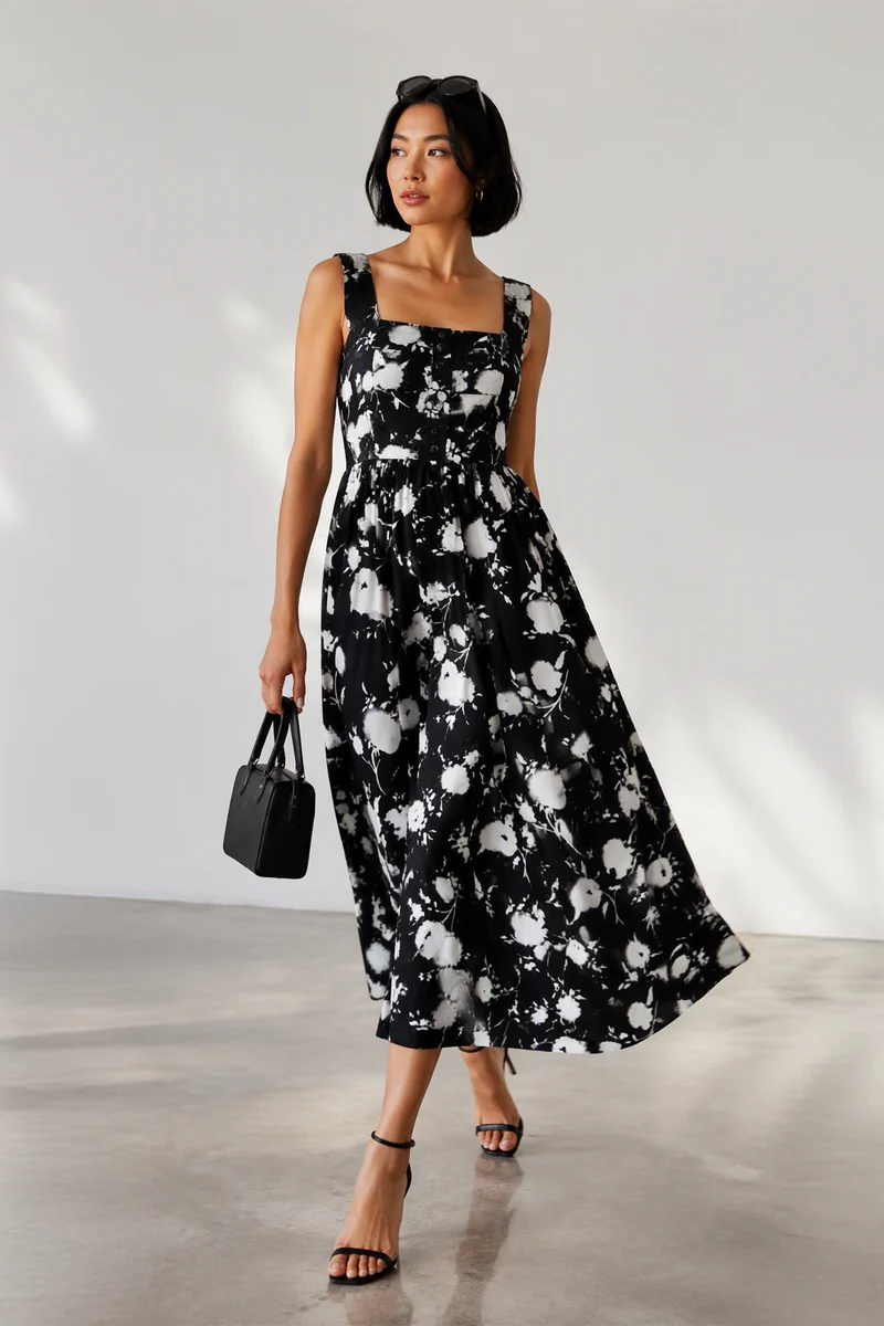 Sarela|Viscose Square Neck Printed Midi Dress