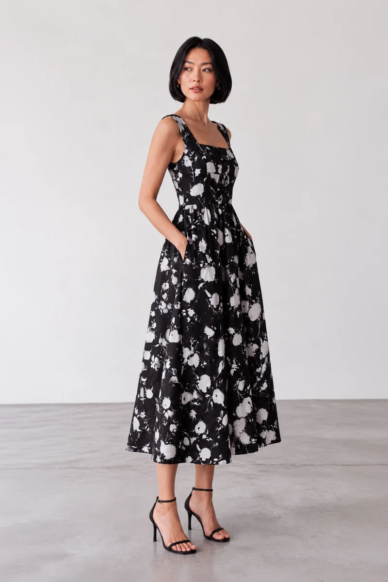 Sarela|Viscose Square Neck Printed Midi Dress