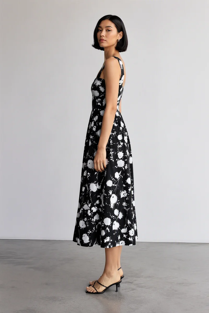 Sarela|Viscose Square Neck Printed Midi Dress