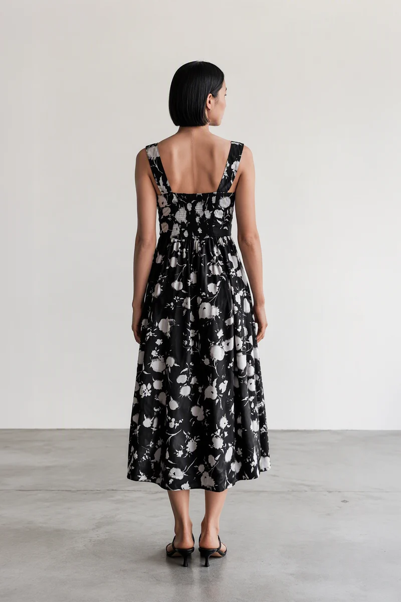 Sarela|Viscose Square Neck Printed Midi Dress