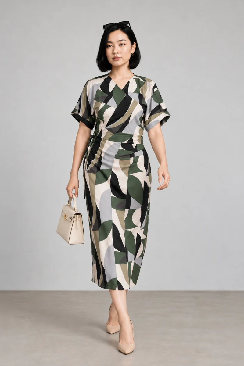 Orien|Viscose Geometric Print Wrap Midi Dress