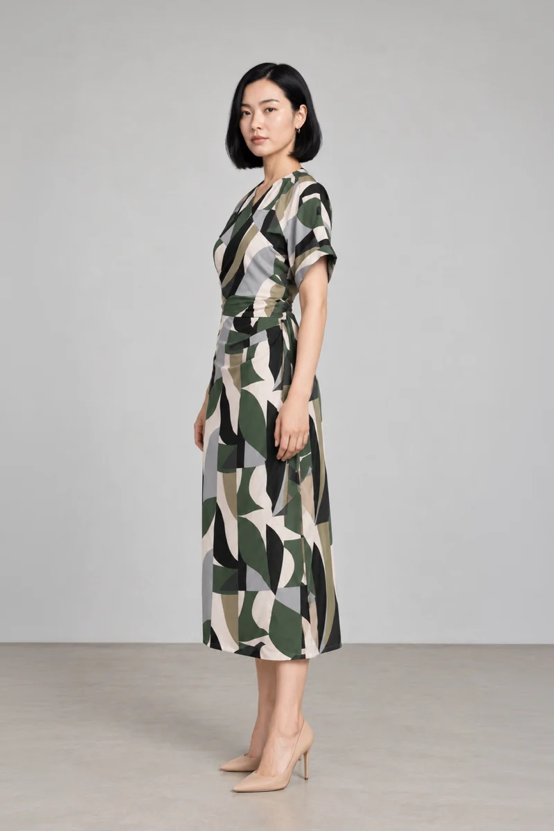 Orien|Viscose Geometric Print Wrap Midi Dress