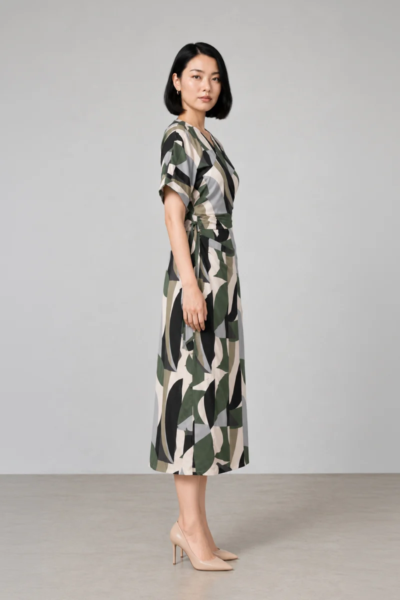 Orien|Viscose Geometric Print Wrap Midi Dress