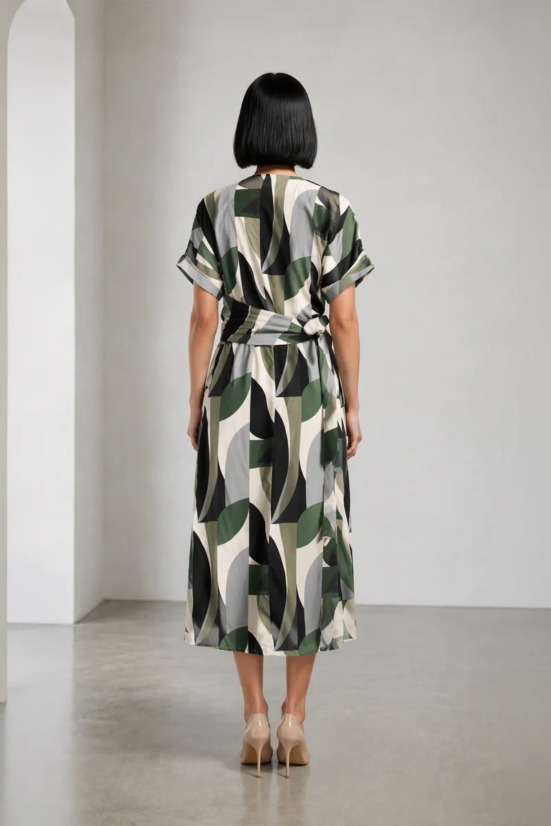 Orien|Viscose Geometric Print Wrap Midi Dress