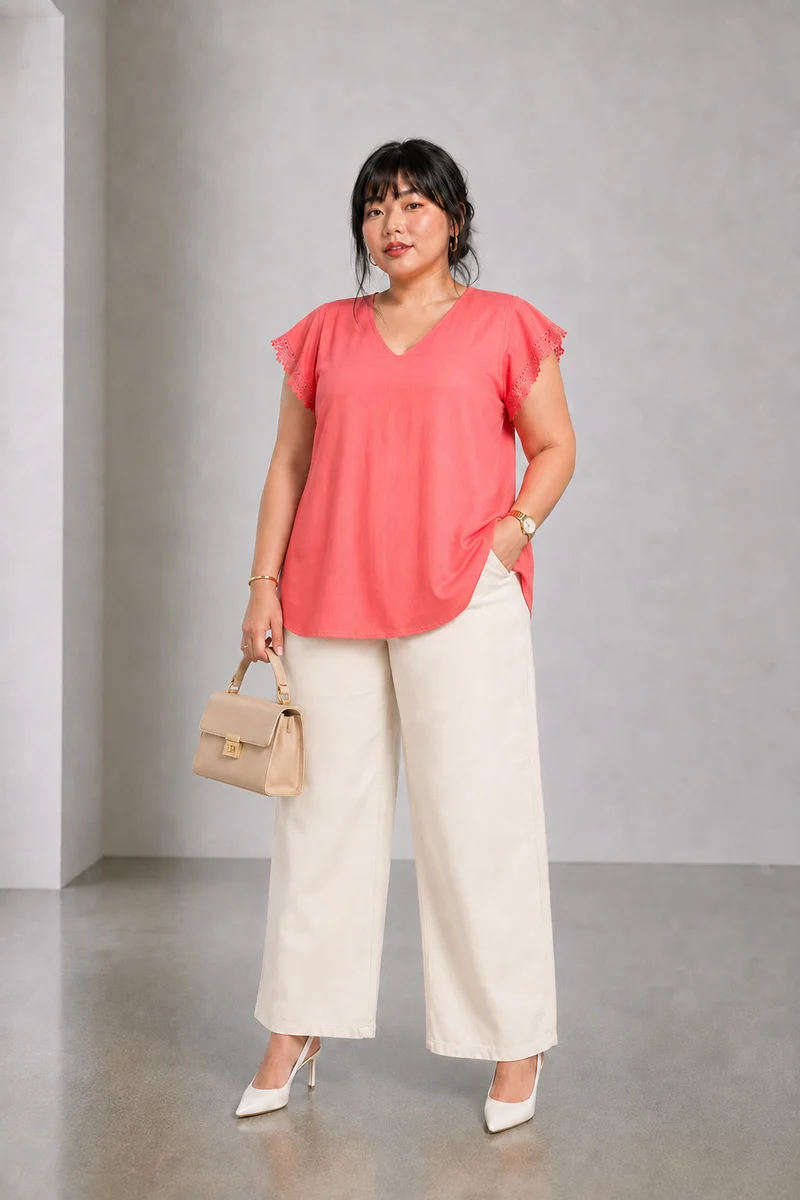 Corae|Cotton V Neck Lace Top