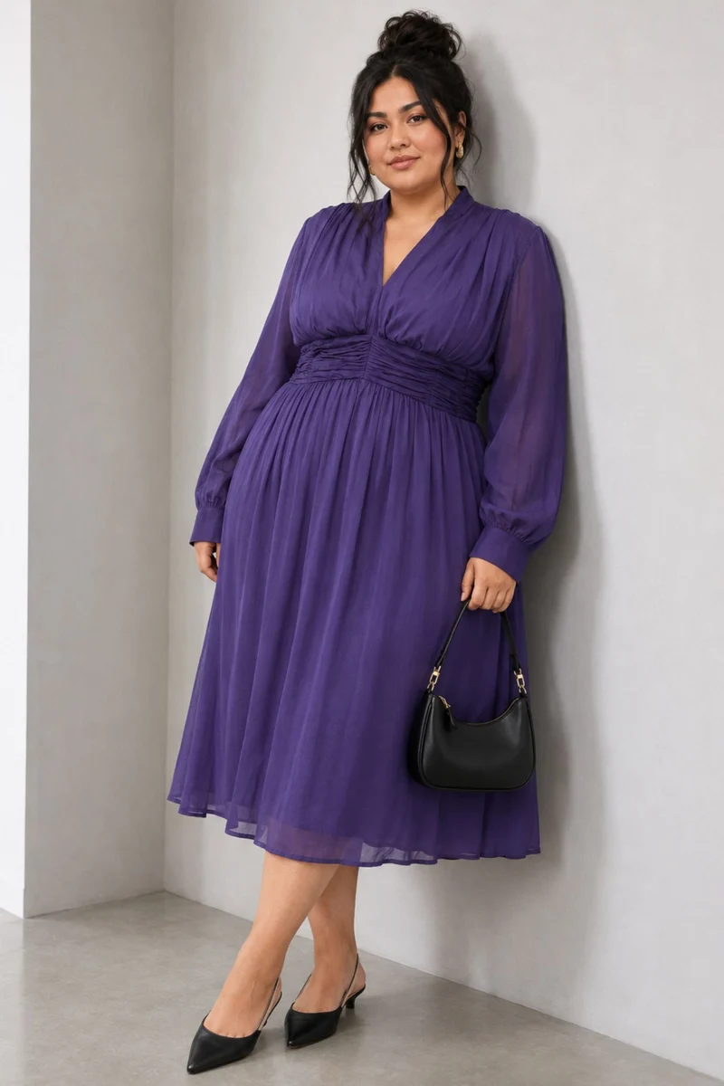 Gravelle|Viscose Ruched V Neck Midi Dress