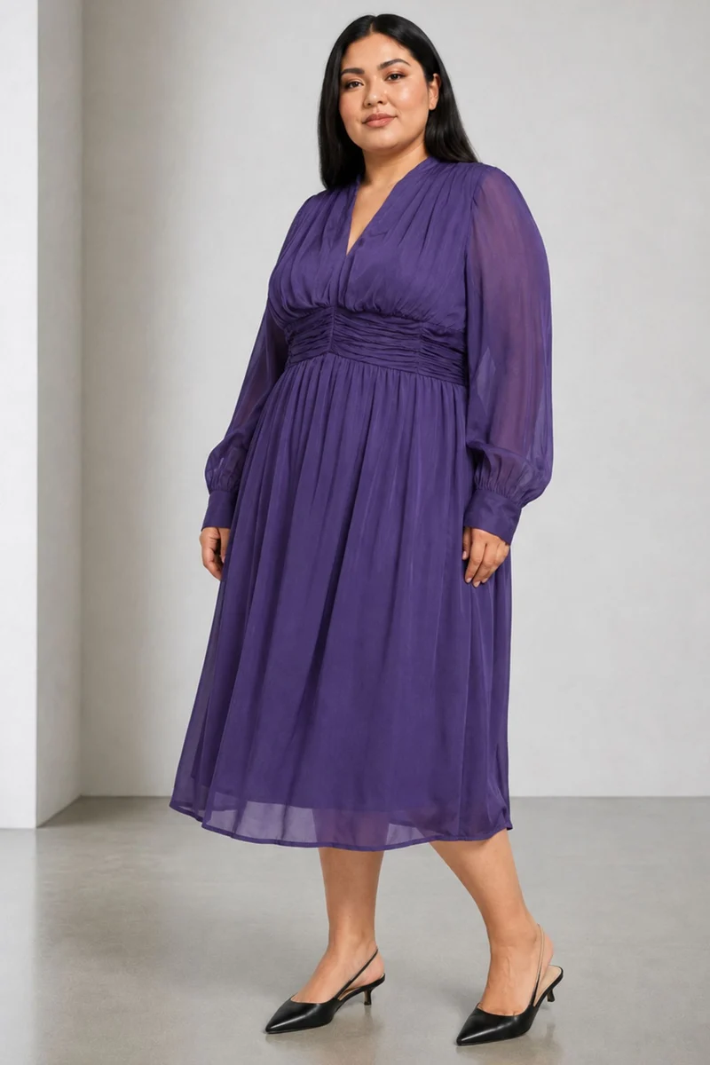 Gravelle|Viscose Ruched V Neck Midi Dress