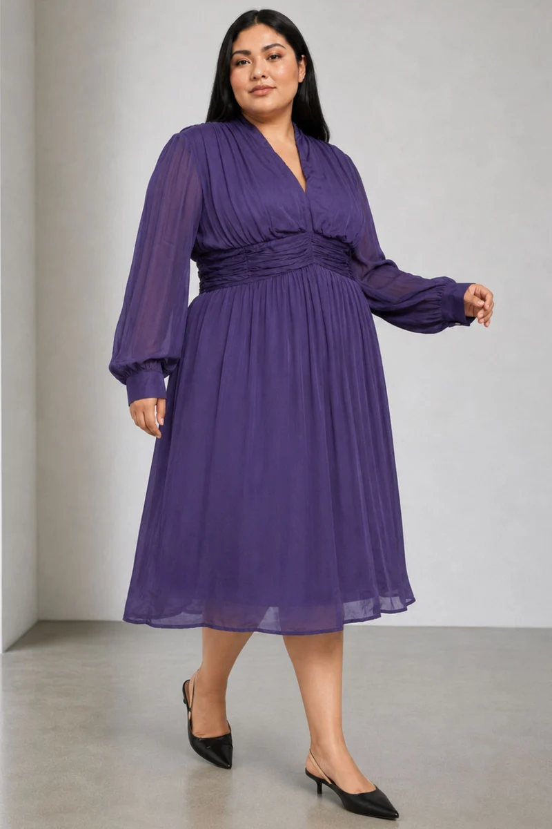 Gravelle|Viscose Ruched V Neck Midi Dress