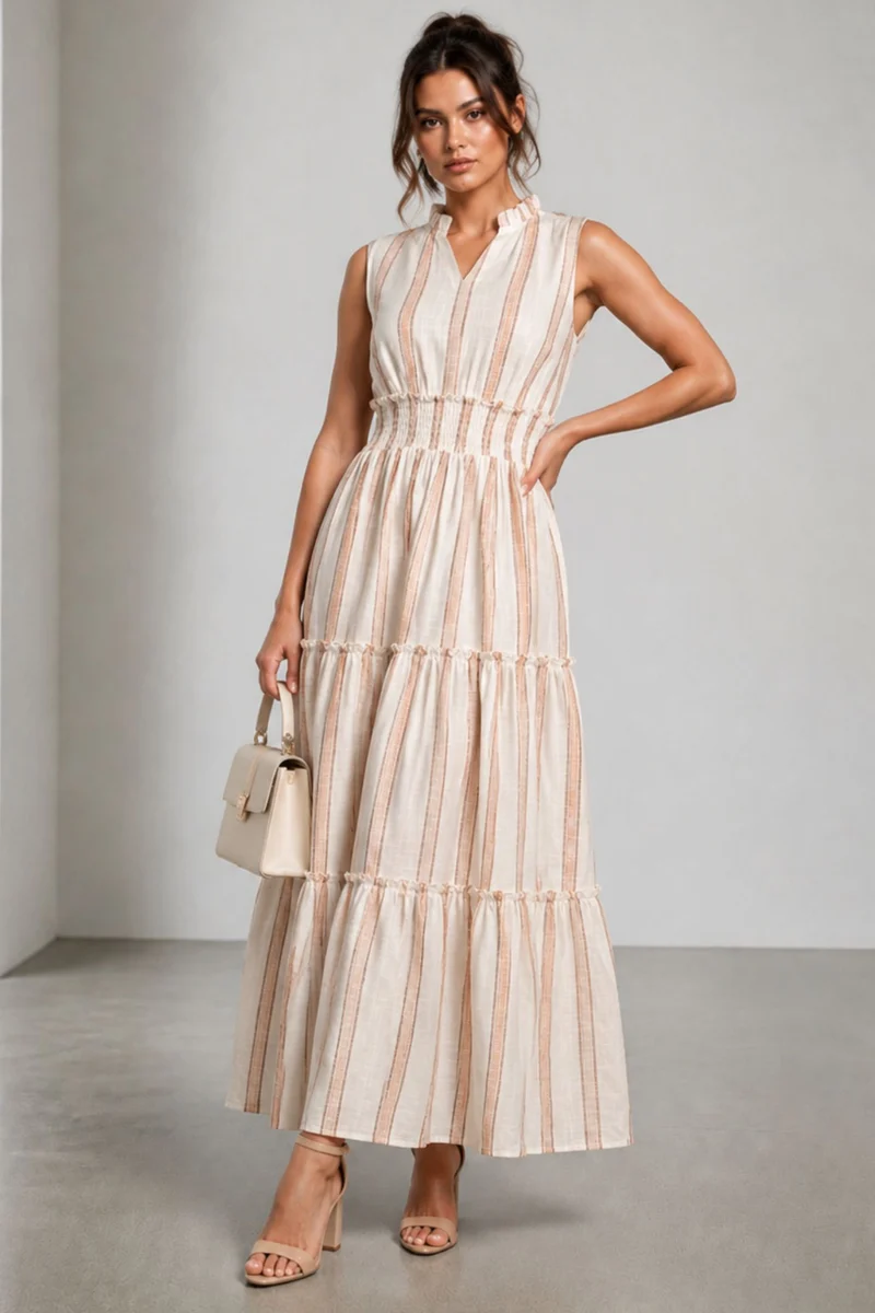 Vivra|Cotton Striped Ruffle Maxi Dress
