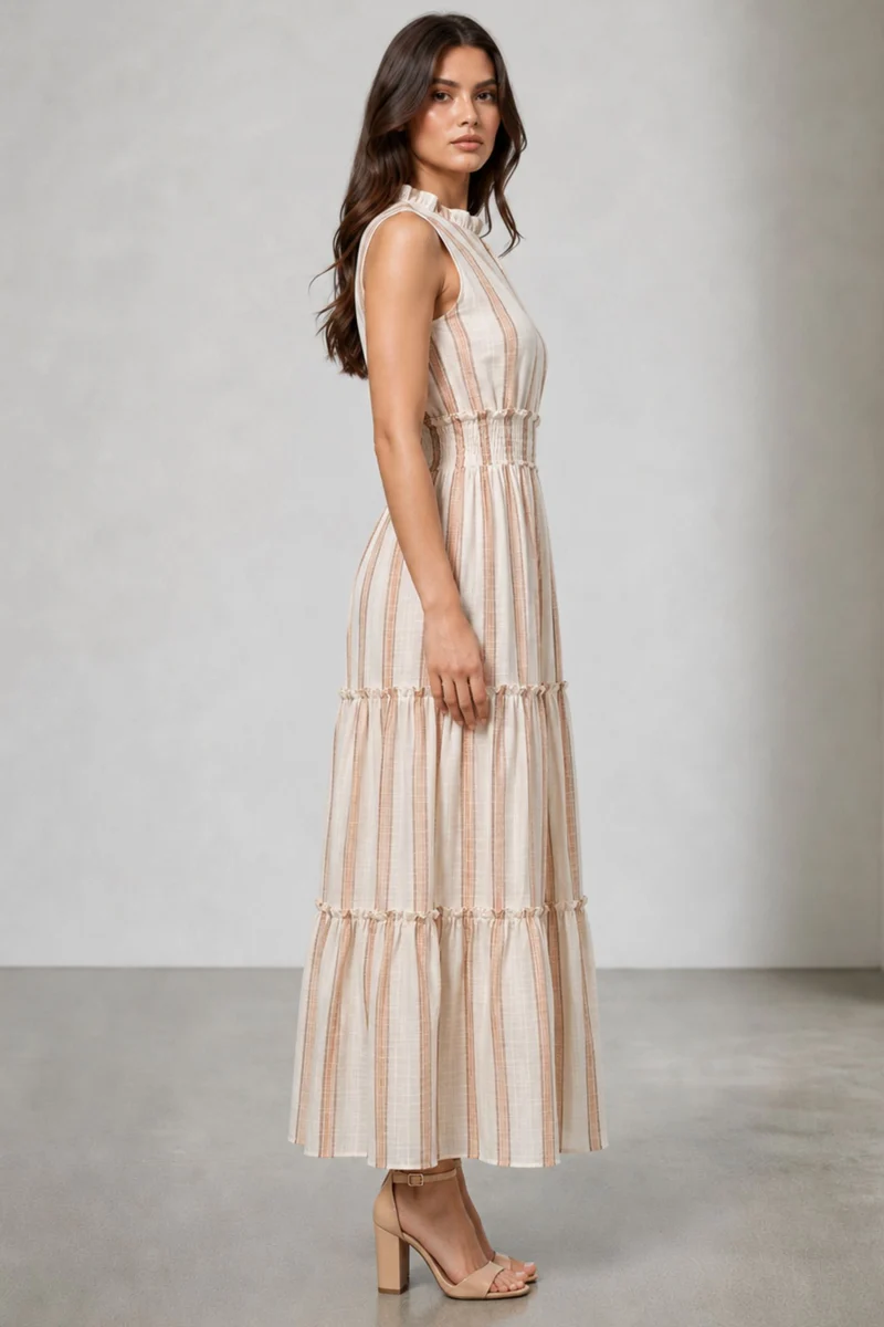 Vivra|Cotton Striped Ruffle Maxi Dress