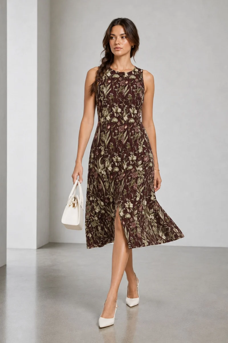 Calis|Cotton Round Neck Button Front Midi Dress