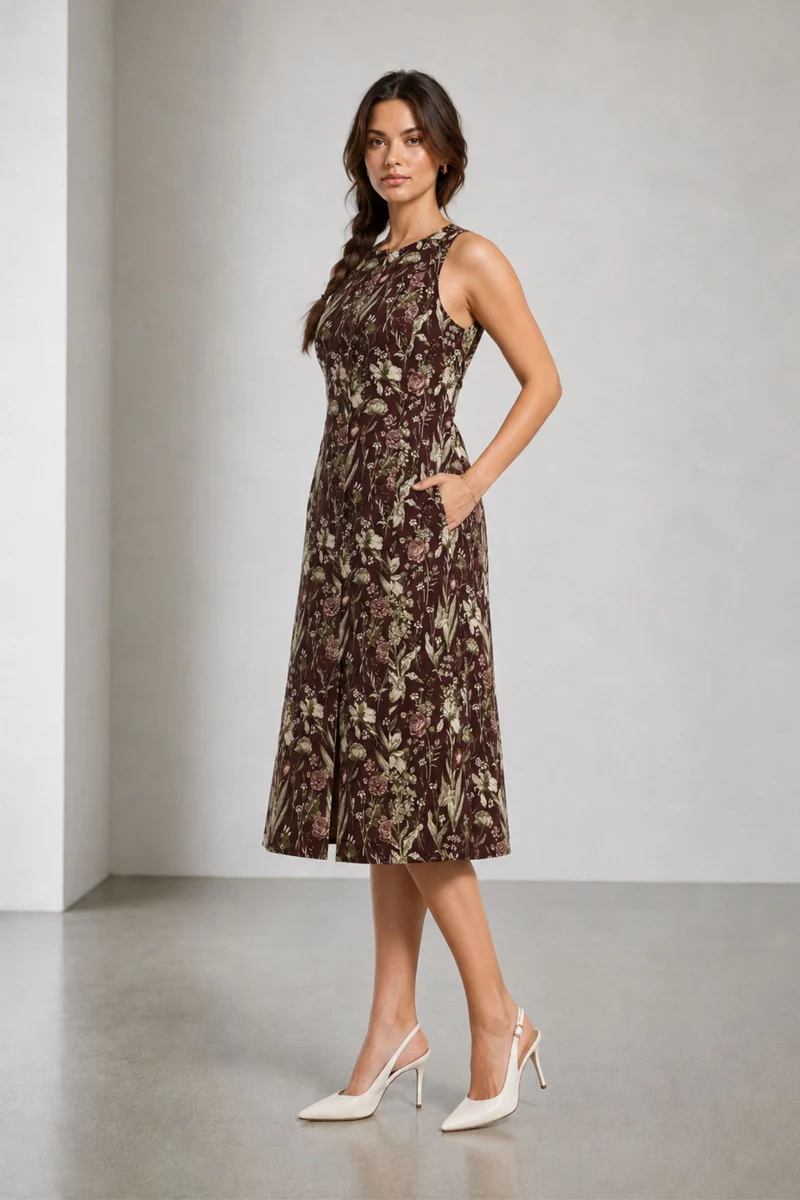 Calis|Cotton Round Neck Button Front Midi Dress