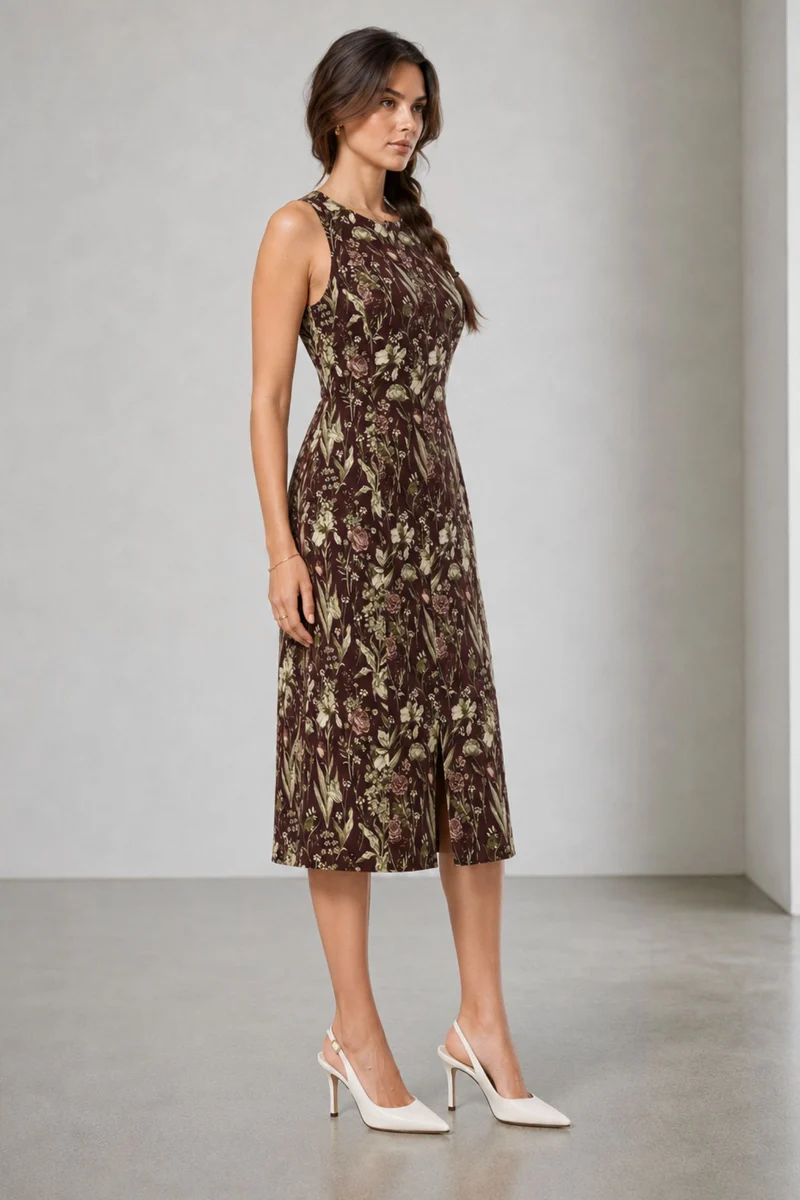 Calis|Cotton Round Neck Button Front Midi Dress