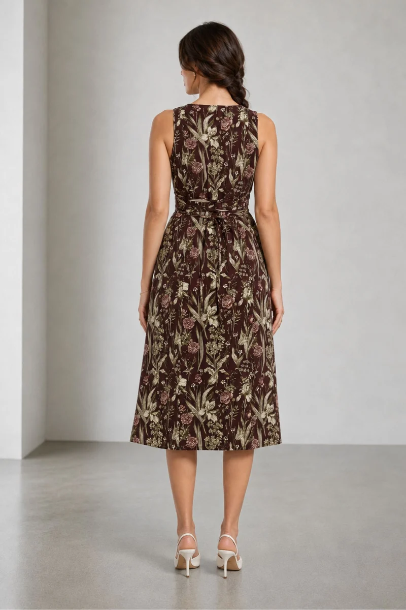 Calis|Cotton Round Neck Button Front Midi Dress