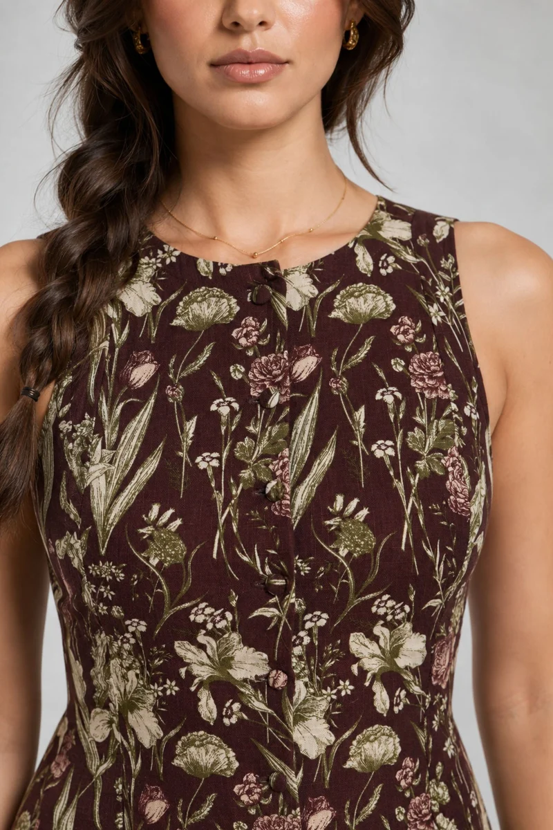Calis|Cotton Round Neck Button Front Midi Dress