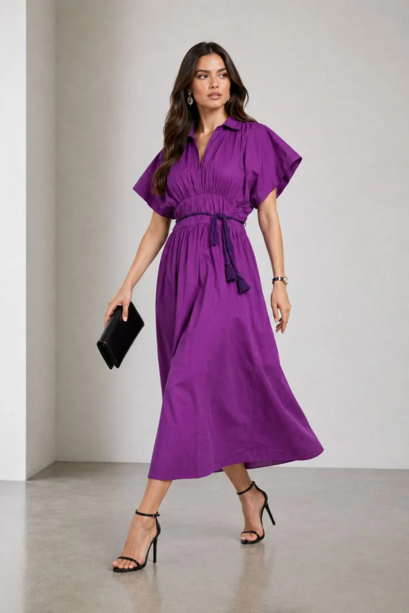 Pavrel|Cotton Collared Fit Flare Midi Dress