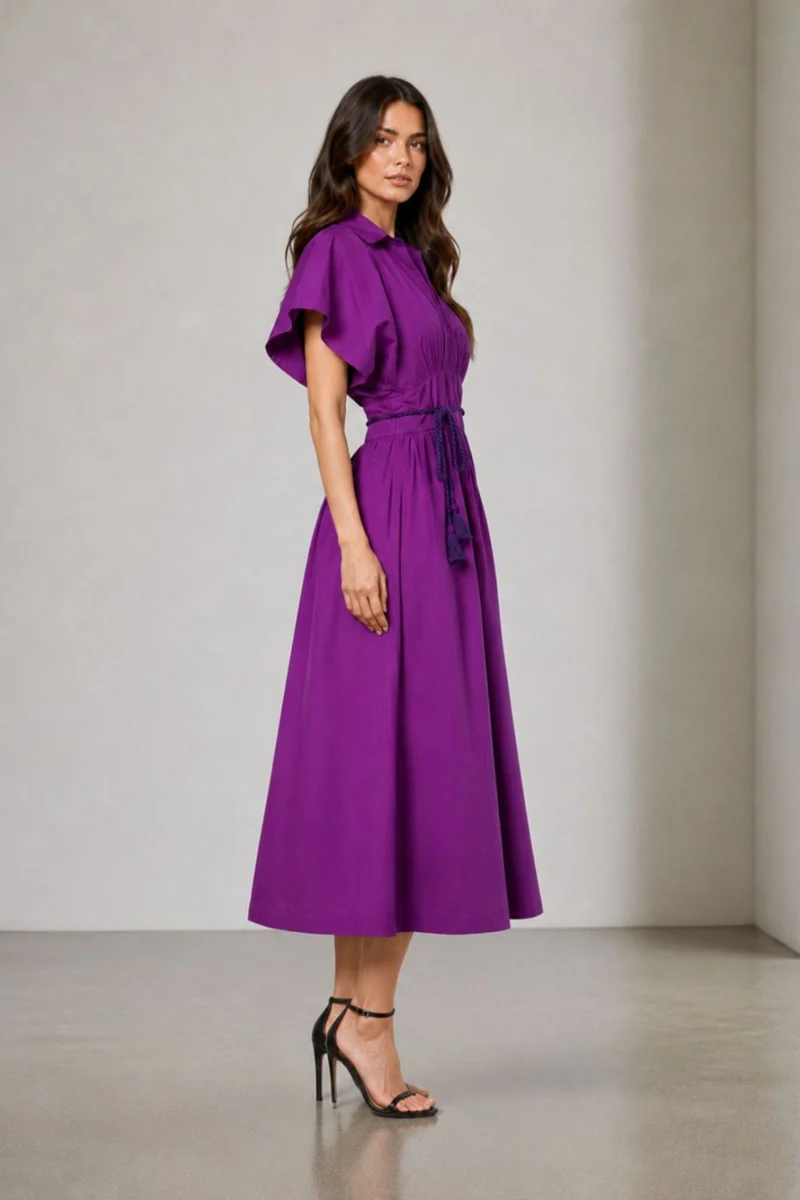Pavrel|Cotton Collared Fit Flare Midi Dress