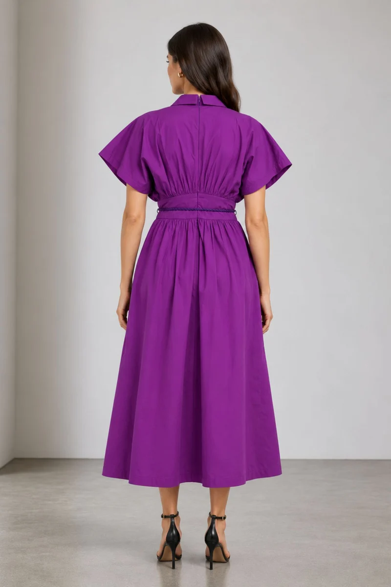 Pavrel|Cotton Collared Fit Flare Midi Dress