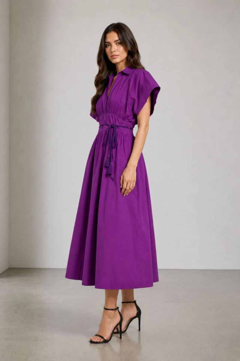 Pavrel|Cotton Collared Fit Flare Midi Dress