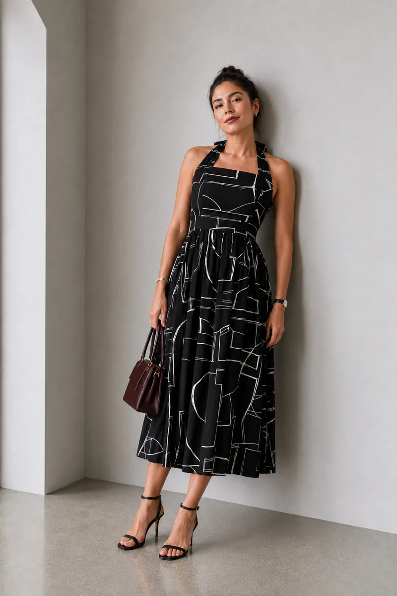 Nimue|Viscose Halter Neck Midi Dress
