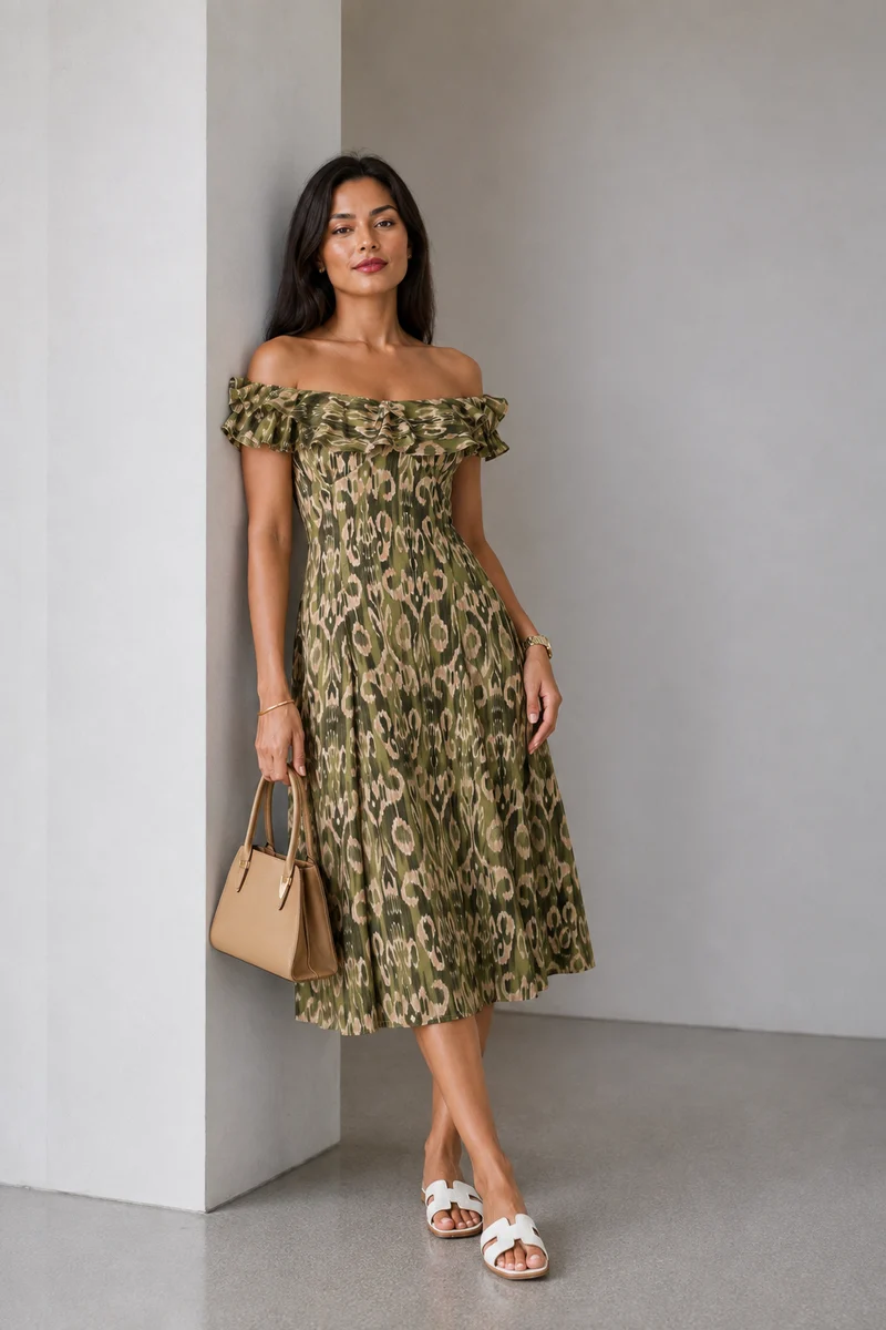 Evania|Cotton Ruffled Neck Printed Midi Dress