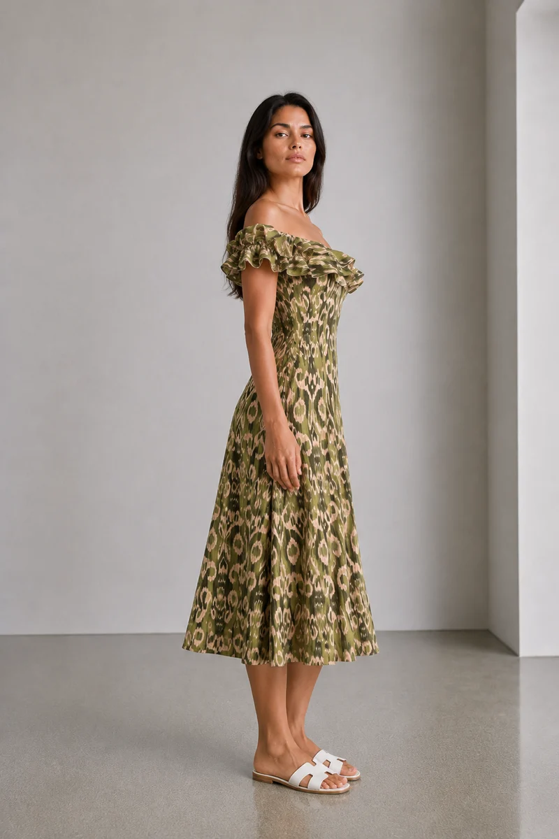 Evania|Cotton Ruffled Neck Printed Midi Dress