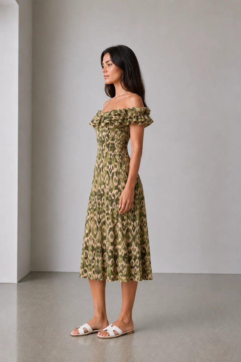 Evania|Cotton Ruffled Neck Printed Midi Dress