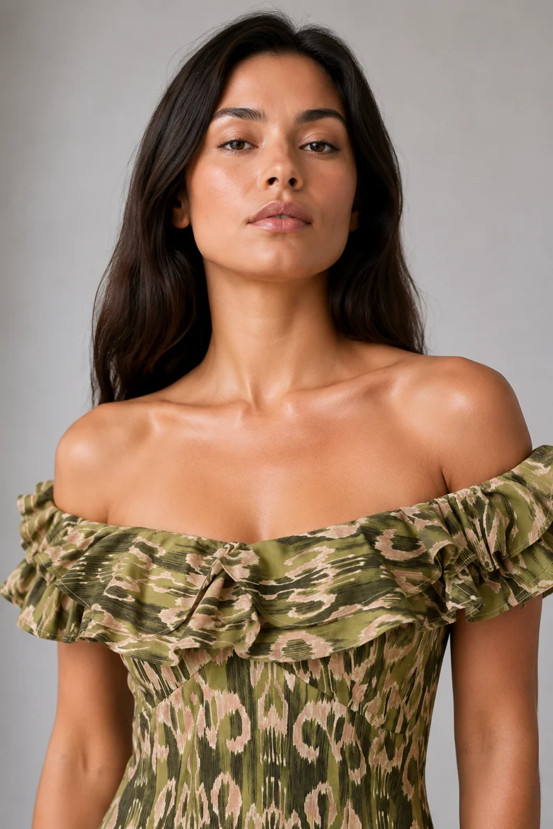 Evania|Cotton Ruffled Neck Printed Midi Dress