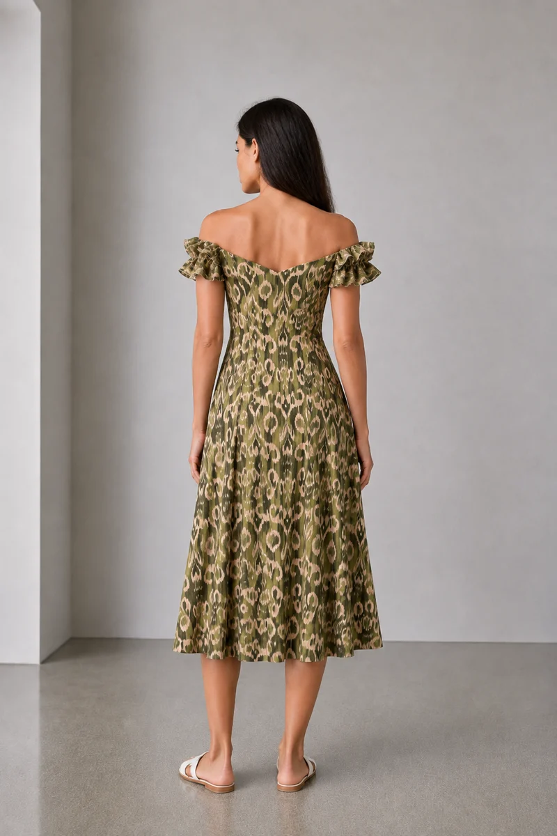 Evania|Cotton Ruffled Neck Printed Midi Dress