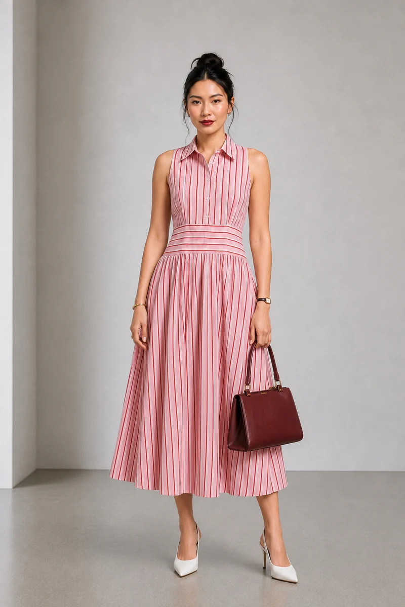 Sarena|Cotton Collared Waist Panel Maxi Dress