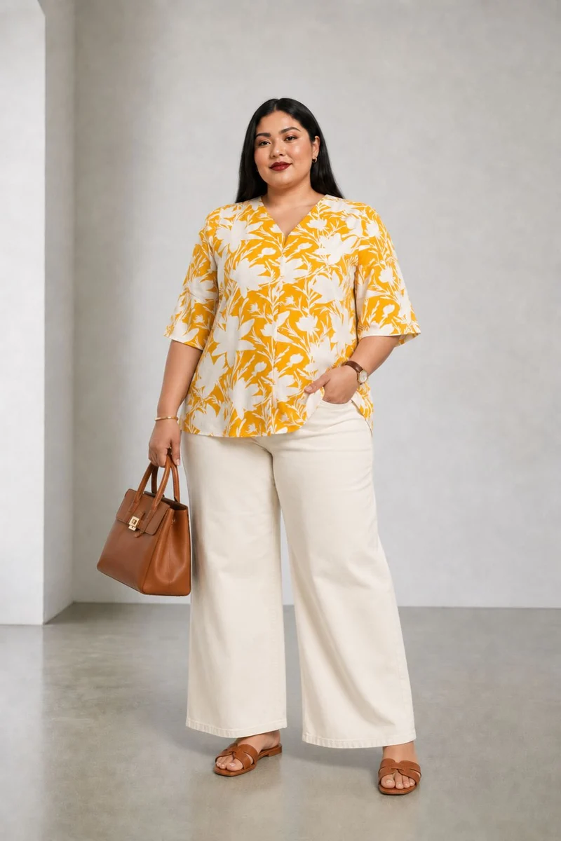 Rivia|Cotton V Neck Button Down Top