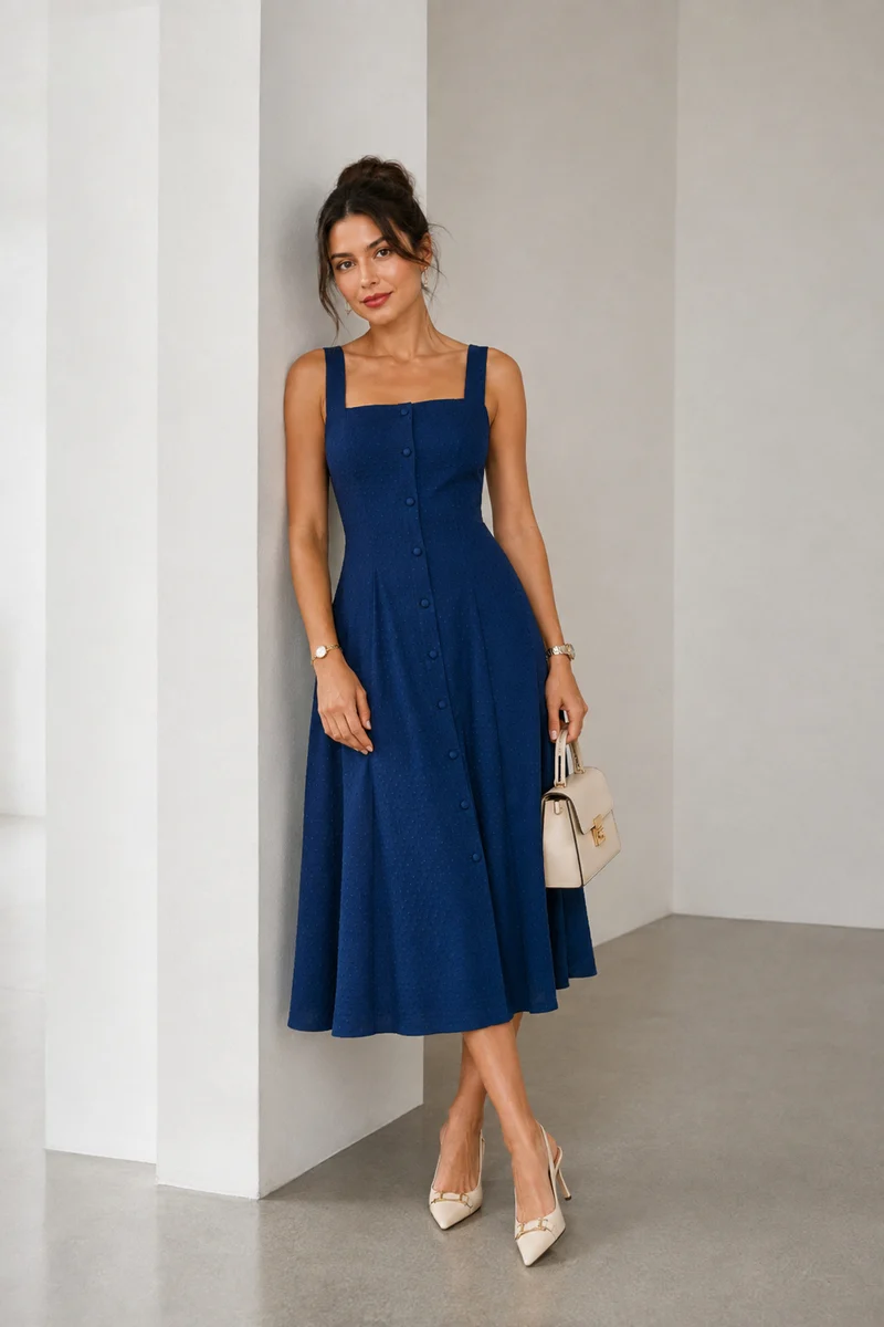 Sabel|Viscose Dobby Square Neck Midi Dress