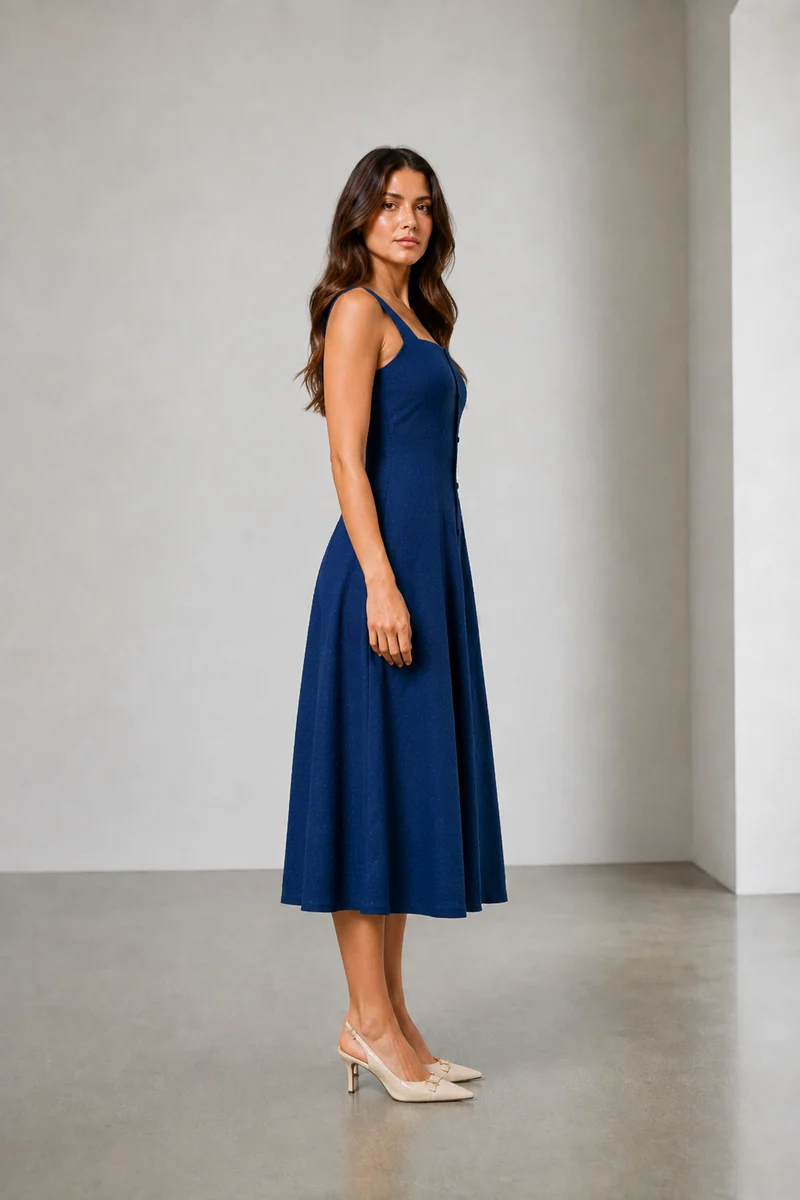Sabel|Viscose Dobby Square Neck Midi Dress