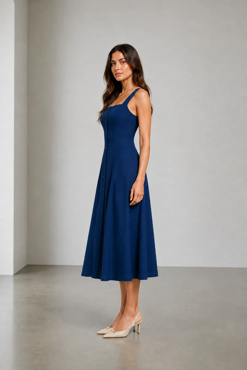 Sabel|Viscose Dobby Square Neck Midi Dress