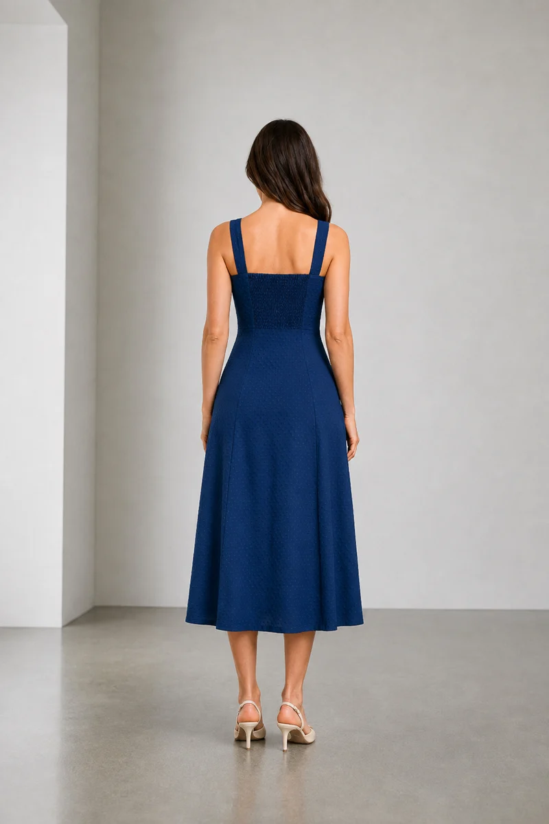 Sabel|Viscose Dobby Square Neck Midi Dress