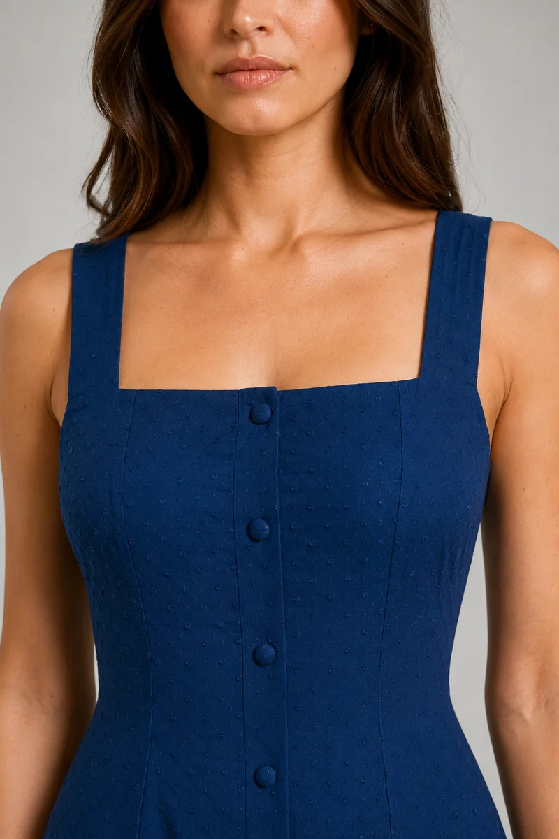 Sabel|Viscose Dobby Square Neck Midi Dress