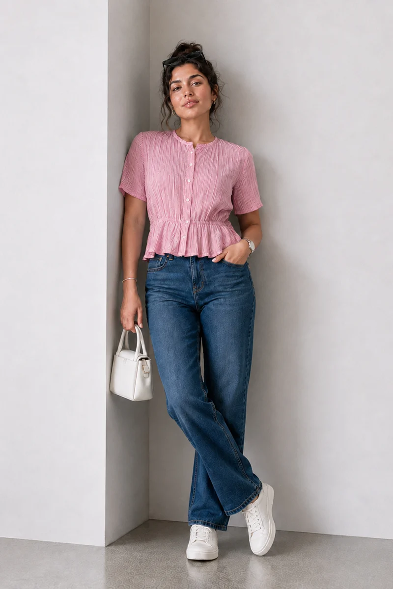 Lisette|Cotton Stripe Elasticated Waist Peplum Top