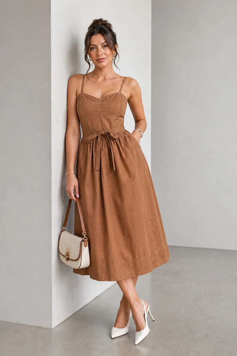 Dovia|Cotton Corset Style Dress With Belt