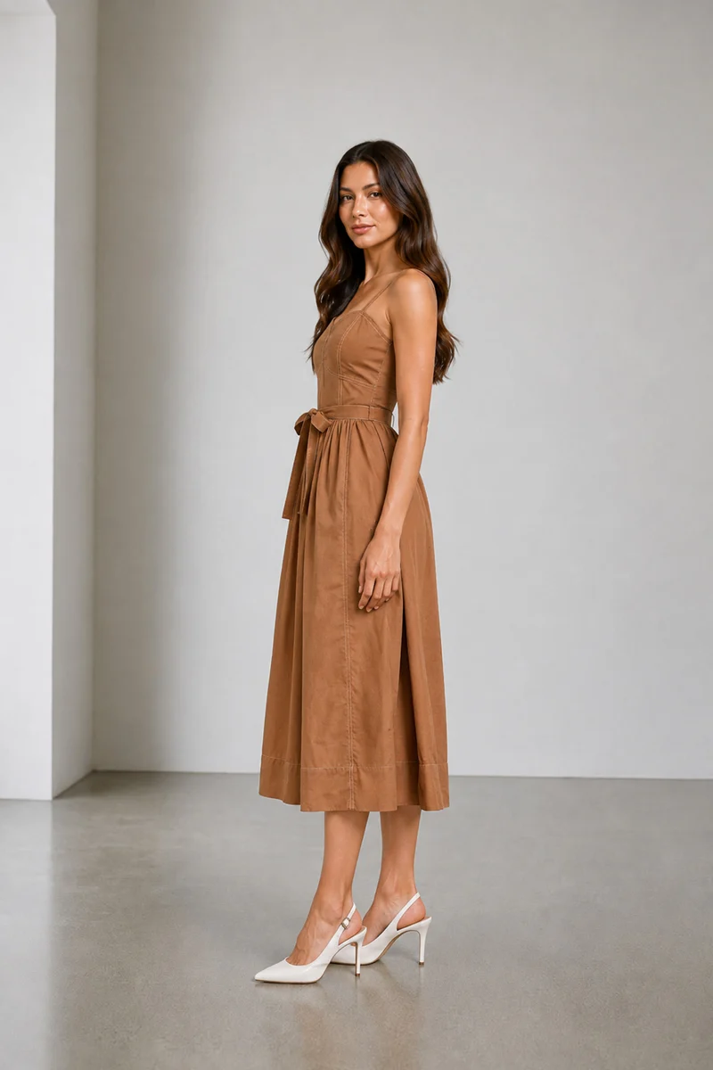 Dovia|Cotton Corset Style Dress With Belt