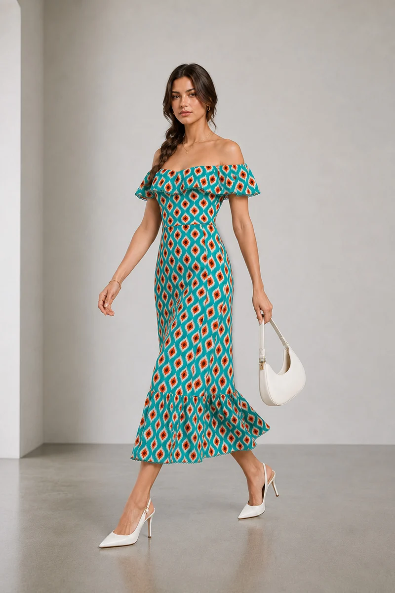 Aurelin|Viscose Offshoulder Ruffle Dress