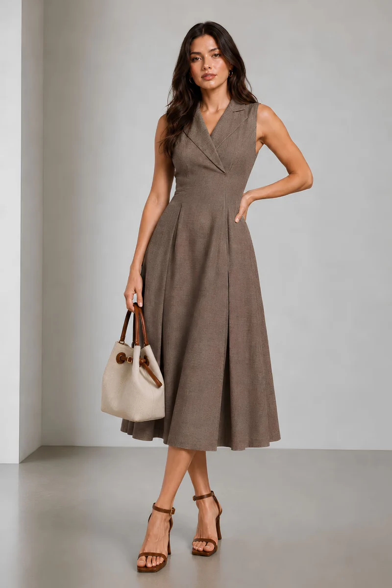 Ceryn|Cotton Lapel Collar Wrap Midi Dress