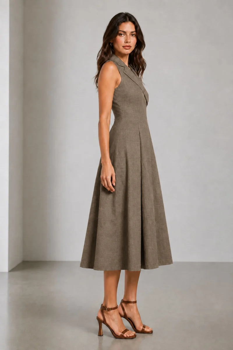 Ceryn|Cotton Lapel Collar Wrap Midi Dress
