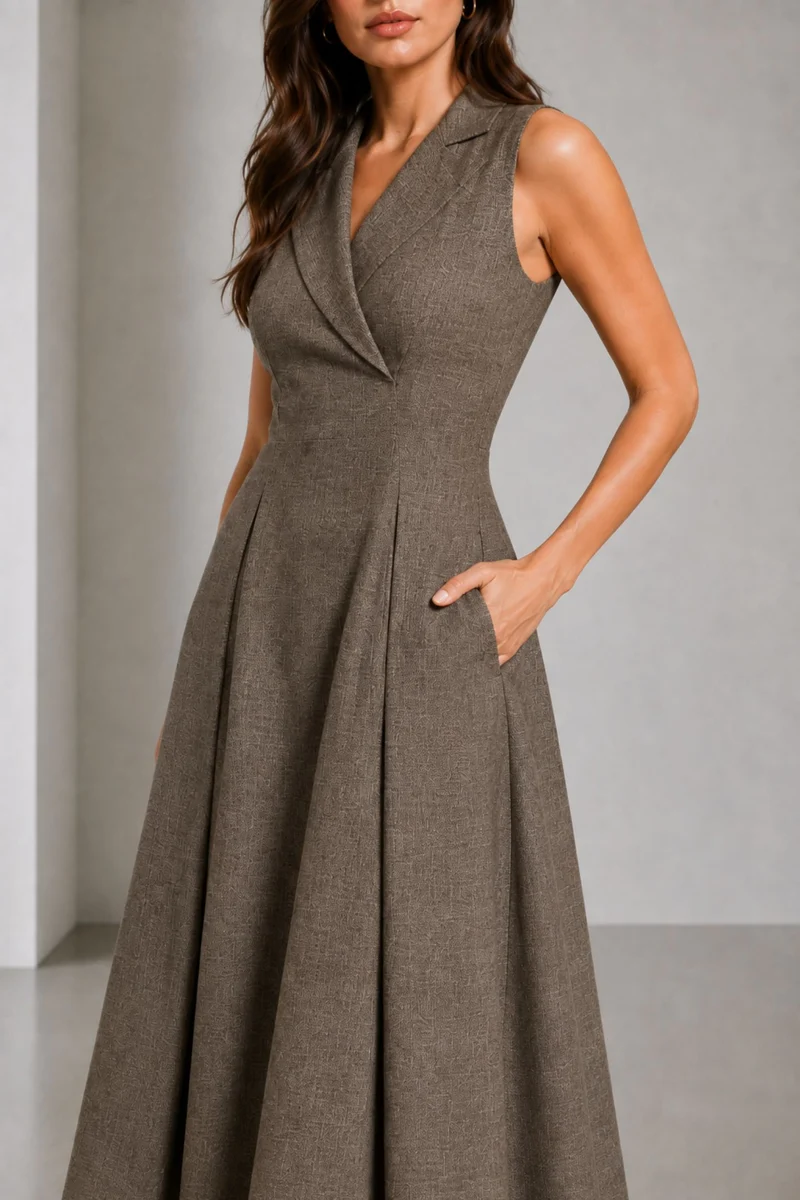 Ceryn|Cotton Lapel Collar Wrap Midi Dress