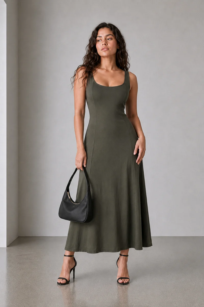 Briva|Viscose Broad Strap Panel Dress