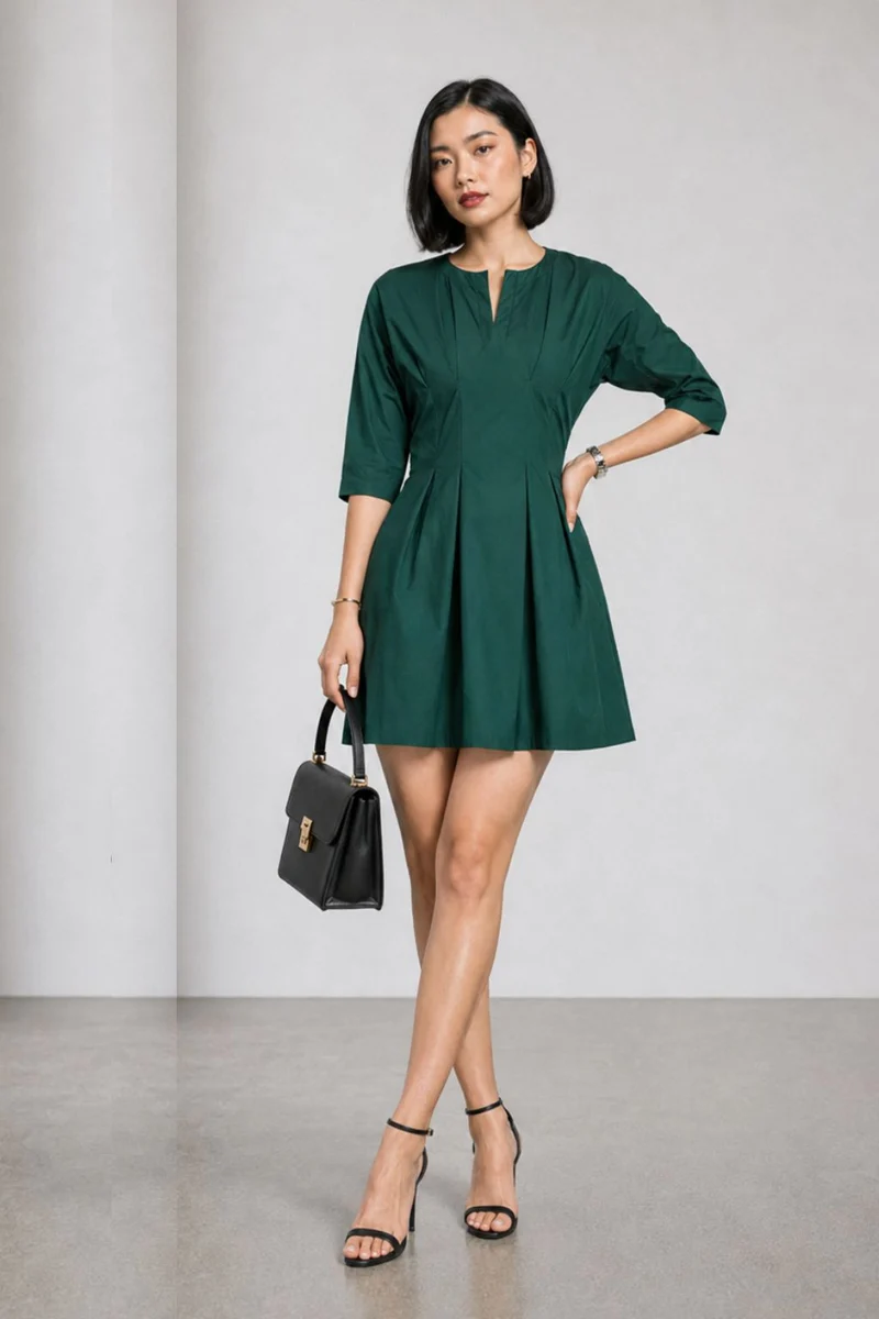 Elari|Cotton Split Crew Neck Pleated Mini Dress