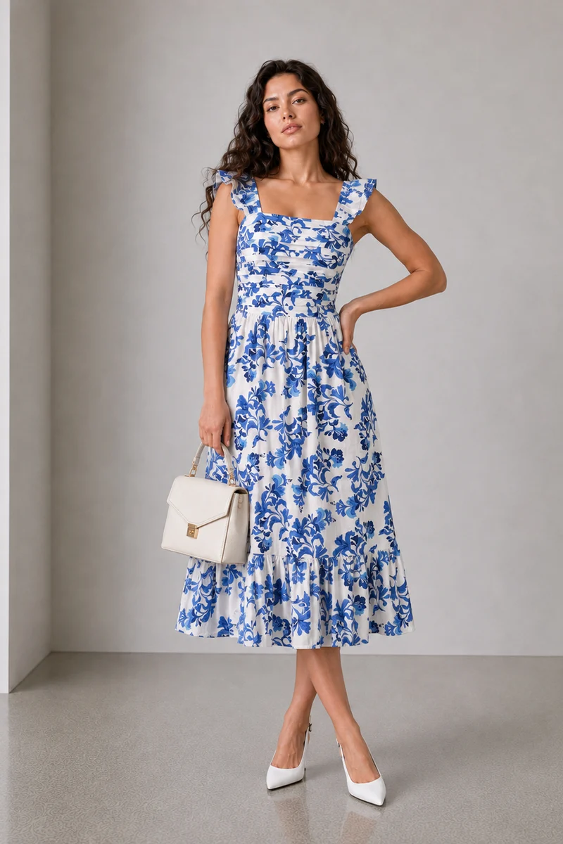Floren|Cotton Floral Print Fit Flare Midi Dress