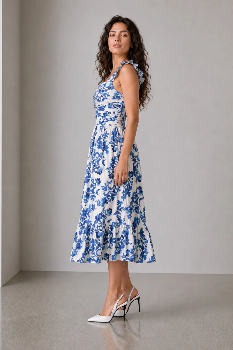 Floren|Cotton Floral Print Fit Flare Midi Dress