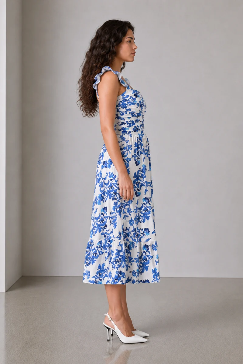 Floren|Cotton Floral Print Fit Flare Midi Dress